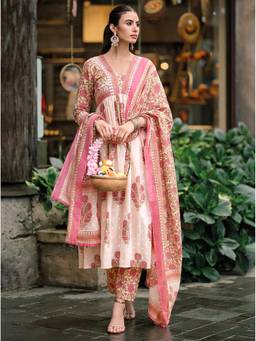 arangya - Pink Floral Print Anarkali Kurta with Pant and Dupatta