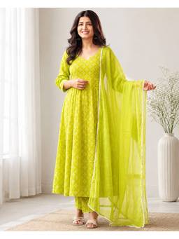 arangya - Green Printed Anarkali Kurta with Pant and Dupatta