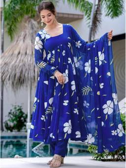 arangya - Blue Floral Print Anarkali Kurta with Pant and Dupatta