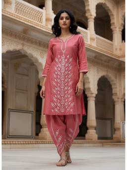 Khaka-The Chikankari Heritage - Peach Chikankari Chanderi Silk Kurta with Dhoti