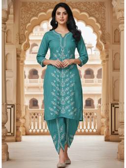 Khaka-The Chikankari Heritage - Turquoise Chikankari Chanderi Silk Kurta with Dhoti
