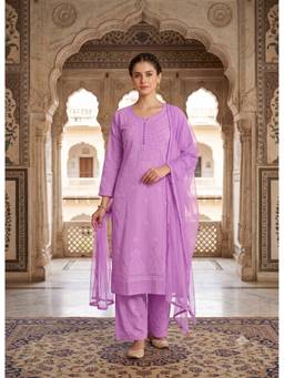 Khaka-The Chikankari Heritage - Pink Chikankari Cotton Kurta with Palazzo and Dupatta