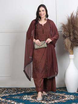 Khaka-The Chikankari Heritage - Brown Chikankari Cotton Kurta with Palazzo and Dupatta