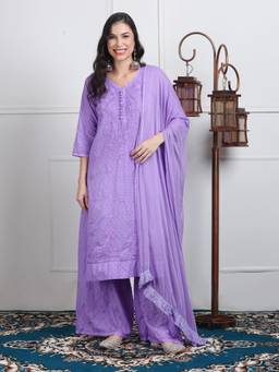 Khaka-The Chikankari Heritage - Lavender Chikankari Cotton Kurta with Palazzo and Dupatta