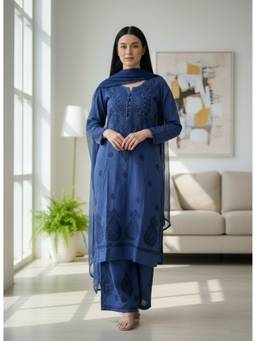 Khaka-The Chikankari Heritage - Navy Blue Chikankari Cotton Kurta with Palazzo and Dupatta