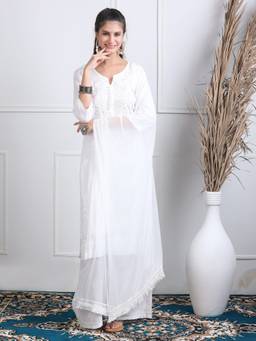 Khaka-The Chikankari Heritage - White Chikankari Cotton Kurta with Palazzo and Dupatta
