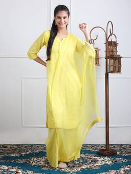 Khaka-The Chikankari Heritage - Yellow Chikankari Cotton Kurta with Palazzo and Dupatta