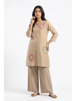 HERITAGE - Women Beige Floral Handcrafted Kurta with Pant