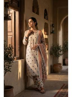 HERITAGE - Women Ivory Linen Printed Kurta with Pant and Dupatta