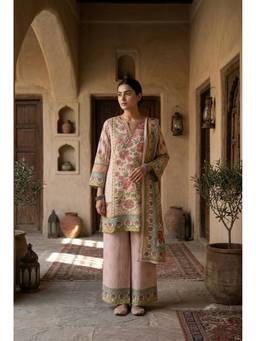 HERITAGE - Women Pink Crushed Tissue Floral Kurta with Palazzo and Dupatta