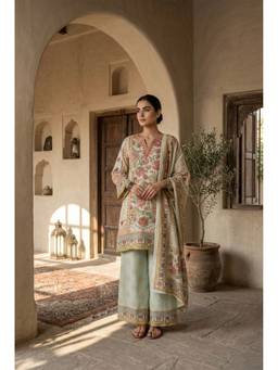 HERITAGE - Women Green Crushed Tissue Floral Kurta with Palazzo and Dupatta