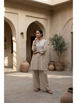 HERITAGE - Women Beige Embroidered Kurta with Pant