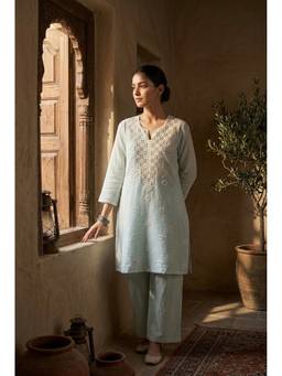 HERITAGE - Women Blue Embroidered Mul Chanderi Kurta with Pant
