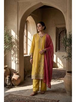 HERITAGE - Women Yellow Embroidered Mul Chanderi Kurta with Pant and Dupatta