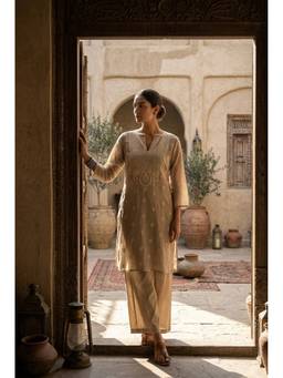 HERITAGE - Women Beige Embroidered Mul Chanderi Kurta with Pant