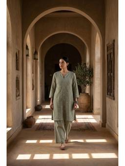 HERITAGE - Women Olive Embroidered Mul Chanderi Kurta with Pant