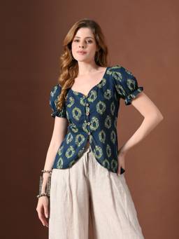 Laado - Women Navy Blue Floral Printed Pure Cotton Top
