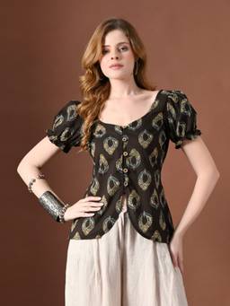 Laado - Women Black Floral Printed Pure Cotton Top