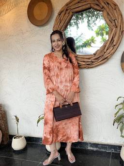 Maaesa - Peach Women Tie and Dye Casual Rayon Flared Dress