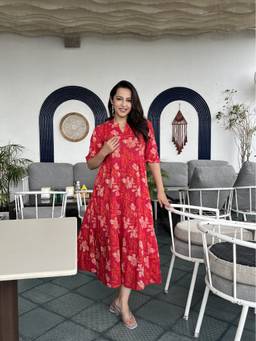 Maaesa - Maroon Women Casual Cotton Printed V- Neck Flared Dress
