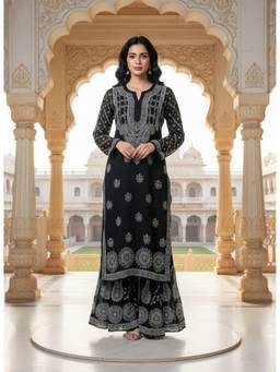Khaka-The Chikankari Heritage - Black Chikankari Handwork Kurta and Sharara with Inner