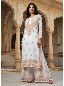 Khaka-The Chikankari Heritage - White Chikankari Handwork Kurta and Sharara with Inner