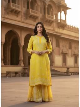 Khaka-The Chikankari Heritage - Yellow Chikankari Handwork Kurta and Sharara with Inner