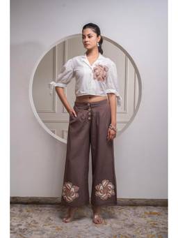 Juniper - White and Brown Cotton-Viscose Embroidered Co-Ord
