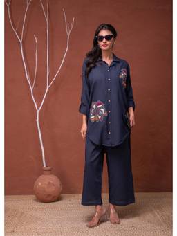 Juniper - Viscose Linen Navy Blue Embroidered Shirt and Pant Co-Ord
