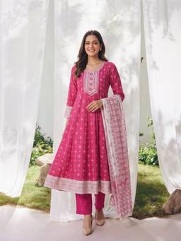 Rangita - Pink Poly Viscose Embroidered Anarkali Kurta with Pant and Dupatta