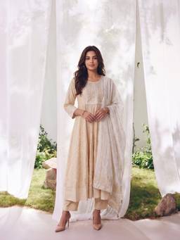 Rangita - Poly Viscose Cream Embroidered Anarkali Kurta with Pant and Dupatta