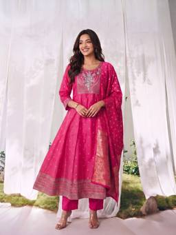 Rangita - Poly Viscose Pink Embroidered Anarkali Kurta with Pant and Dupatta
