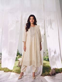 Rangita - Cream Poly Viscose Embroidered Anarkali Kurta with Pant and Dupatta