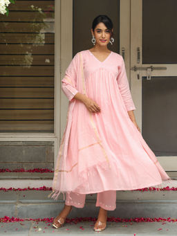 Bud & Tulip - Pink Manushi Anarkali Kurta with Pant and Dupatta (Set of 3)