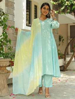 Bud & Tulip - Nanda Turquoise Anarkali Kurta with Pant and Dupatta (Set of 3)