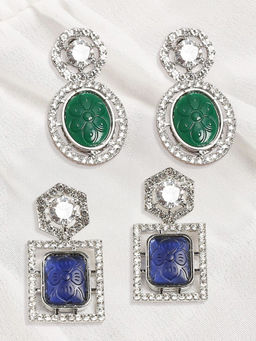 OOMPH - Green and Blue Drop Earrings - Engraved Jaipur Stone- American Diamond Set of 2
