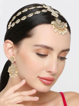 OOMPH - Gold Tone Kundan Sheeshphool Set with Drop Earrings