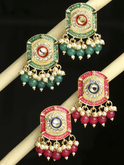 OOMPH - Rani Pink and Green Meenakari Ethnic Drop Earrings with Kundan- Pearls- Set of 2