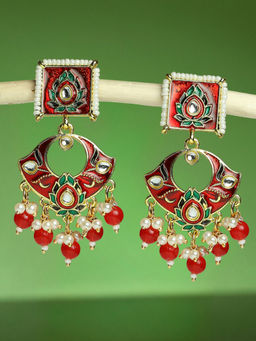 OOMPH - Red Ethnic Drop Earrings - Meenakari Lotus Design for Women