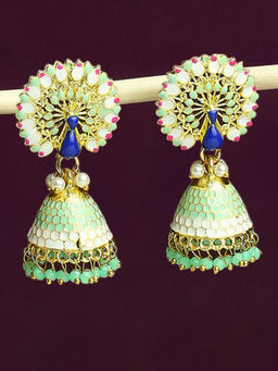 OOMPH - Mint Green Meenkari Jhumka Earrings - Peacock Design for Women