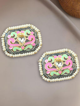 OOMPH - Pink Meenakari Enamel Stud Earrings - Rectangle Indo-Western Design