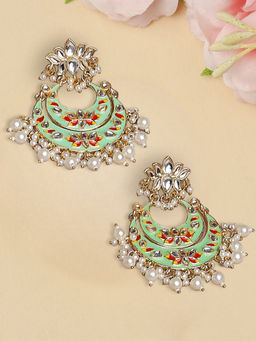 OOMPH - Mint Green Meenakari Chandbali Earrings with Kundan - Lotus Design