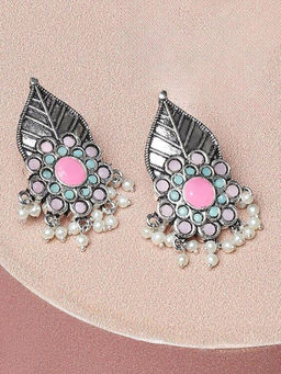 OOMPH - Oxidised Silver Ethnic Drop Earrings - Green and Pink Stones - Leaf Floral Shape