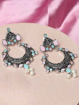 OOMPH - Oxidised Silver Chandbali Earrings - Green and Pink Stones - Laxmi Floral Shape