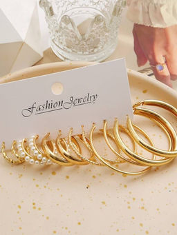 OOMPH - Gold Tone Twisted and Pearls Small to Large Party-Wear Hoop Earrings- Set of 6