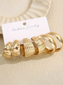 OOMPH - Gold Tone Chunky Retro Textured Party-Wear Hoop Earrings- Set of 3