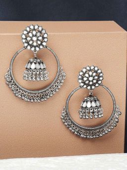 OOMPH - Oxidised Silver Chandbali Jhumka Earrings - Mirror Kundan Work For Women