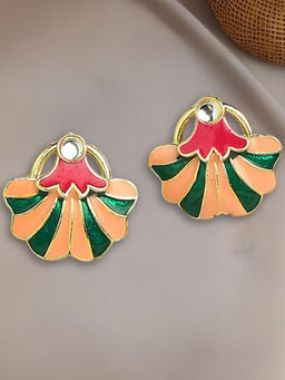 OOMPH - Pink and Green Meenakari Enamel Stud Earrings - Indo-Western Floral Design