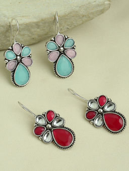 OOMPH - Maroon and Pink Silver Oxidised Ethnic Drop Earrings for Women- Set of 2