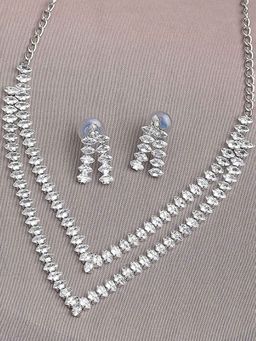 OOMPH - Silver Tone Multi Layer American Diamond CZ Necklace Set for Women